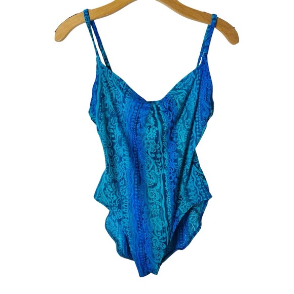 Vintage Kathy Ireland Turquoise One Piece Swim Suit SZ L 12 Royal Blue Paisley - Picture 2 of 4